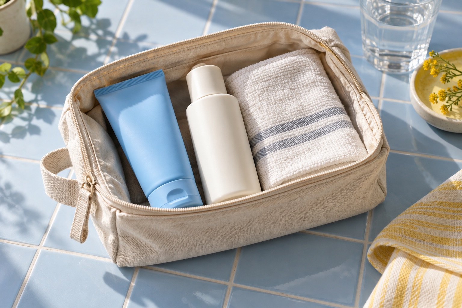 Unbranded skincare essentials organized in a cotton pouch on blue tile